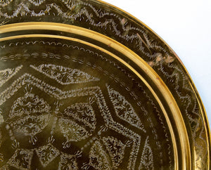 Antique Oversized Round Moroccan Polished Brass Tray Platter 19th C.