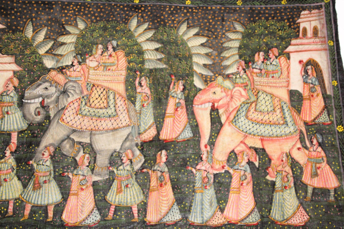 Large Vintage Mughal Raj Silk Painting of a Maharaja Royal Procession — India
