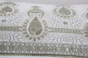 White and Silver Embroidered Mughal Style Throw Pillow