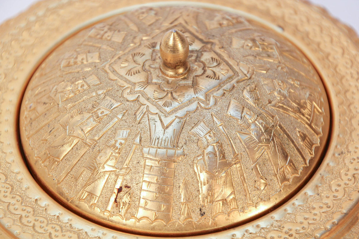1960 Vintage Gold Tone Islamic Moorish Roll Top Caviar Footed Dish Server