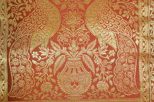 Red Silk Throw Pillow with Elephants and Peacocks India