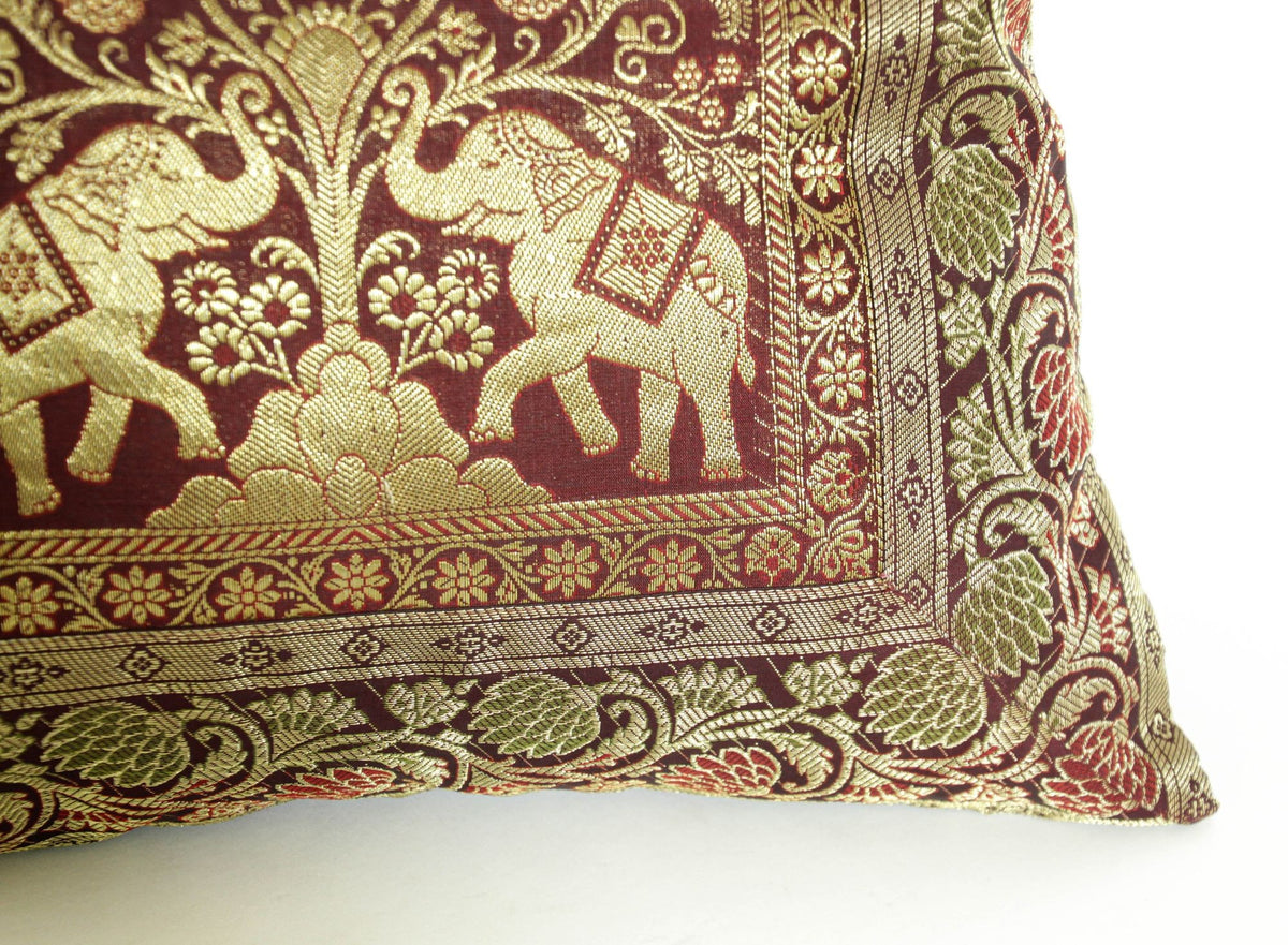 Silk Throw Pillow with Elephants and Peacocks India