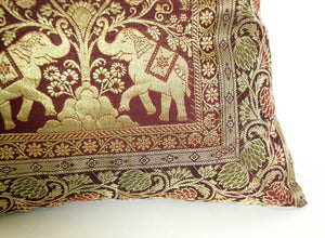 Silk Throw Pillow with Elephants and Peacocks India