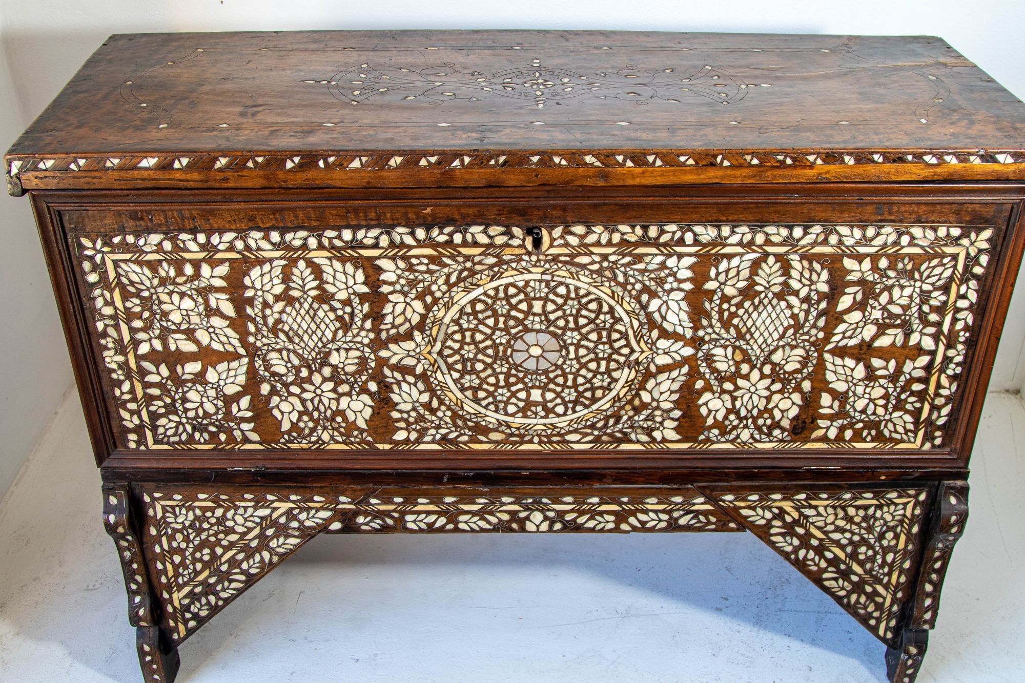 Antique Middle Eastern Mother of Pearl Inlay Dowry Trunk 19th C.