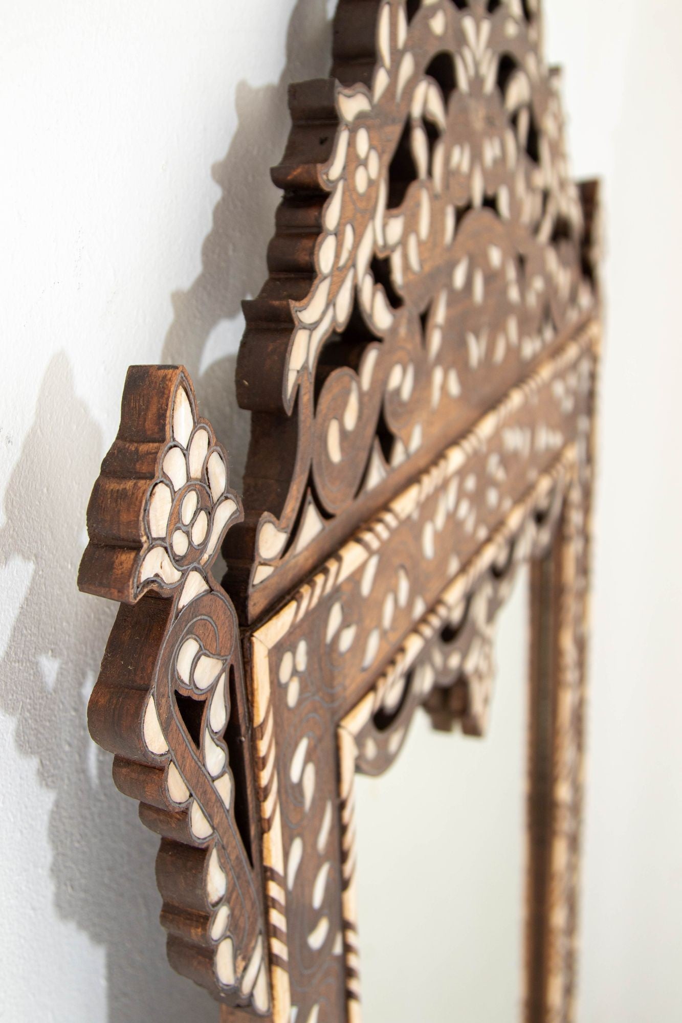 Damascene Moorish Bone Inlaid Mirrors With Floral Motif 52" H. A Pair