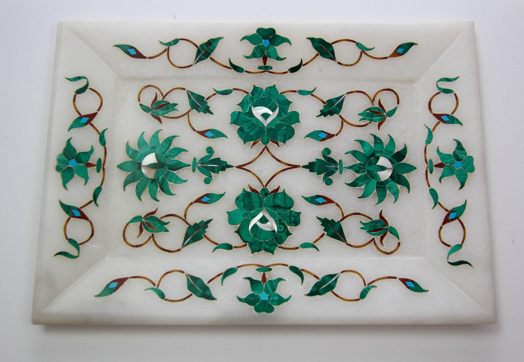 Pietra Dura White Mosaic Inlaid Marble Dish Handcrafted Agra India 1950