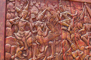 Antique Monumental Asian Hand-Carved Wooden Decorative Mural Panel 8ft