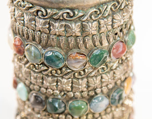 Vintage Agate Inlaid Jewelled Moroccan Silver Candle Holder