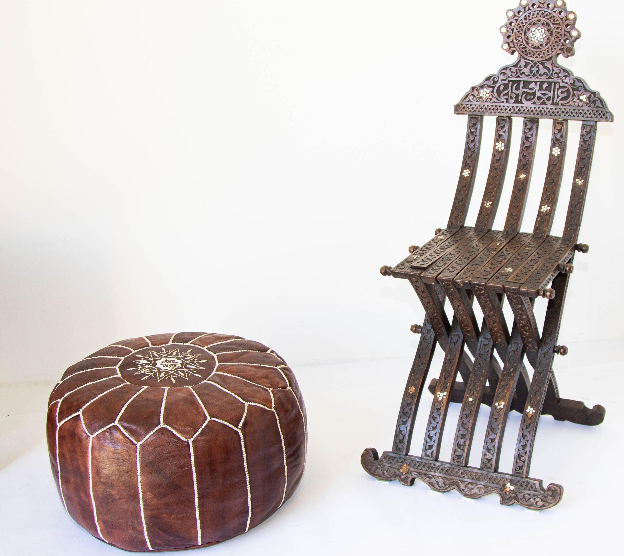 Moroccan Hand Tooled Brown Leather Pouf