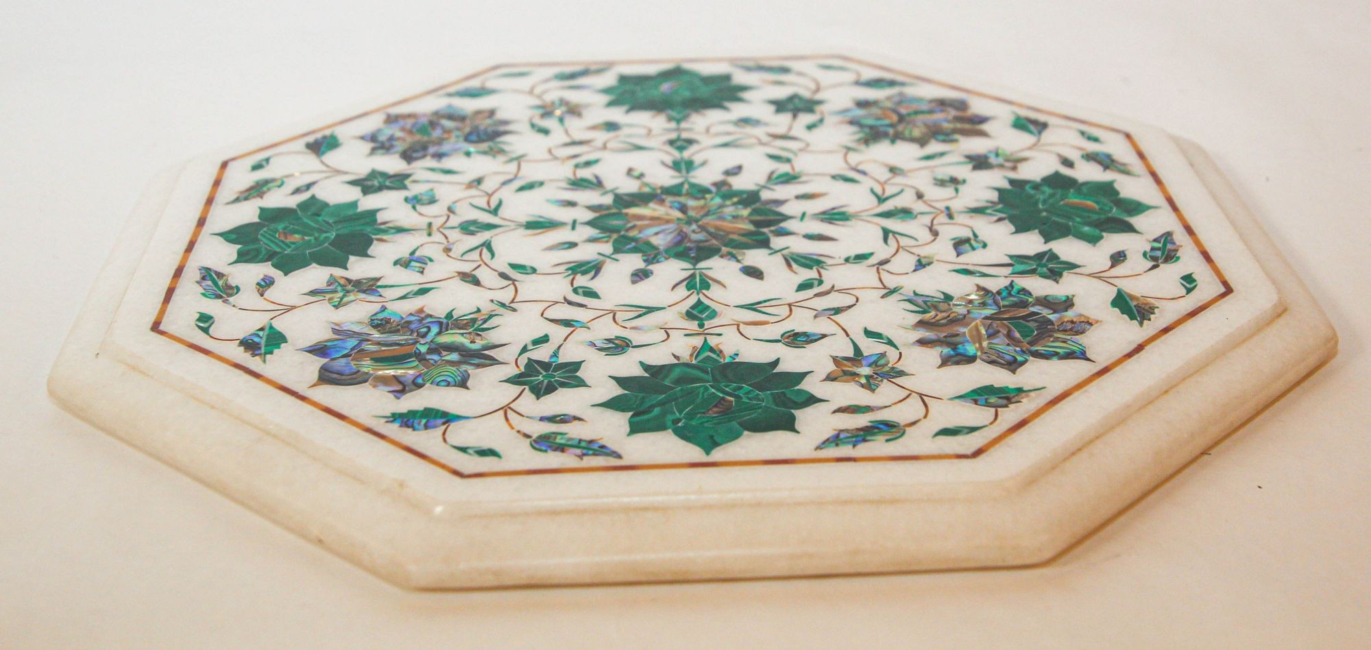 Pietra Dura White Mosaic Octagonal Inlaid Marble Top Handcrafted Agra India 1980