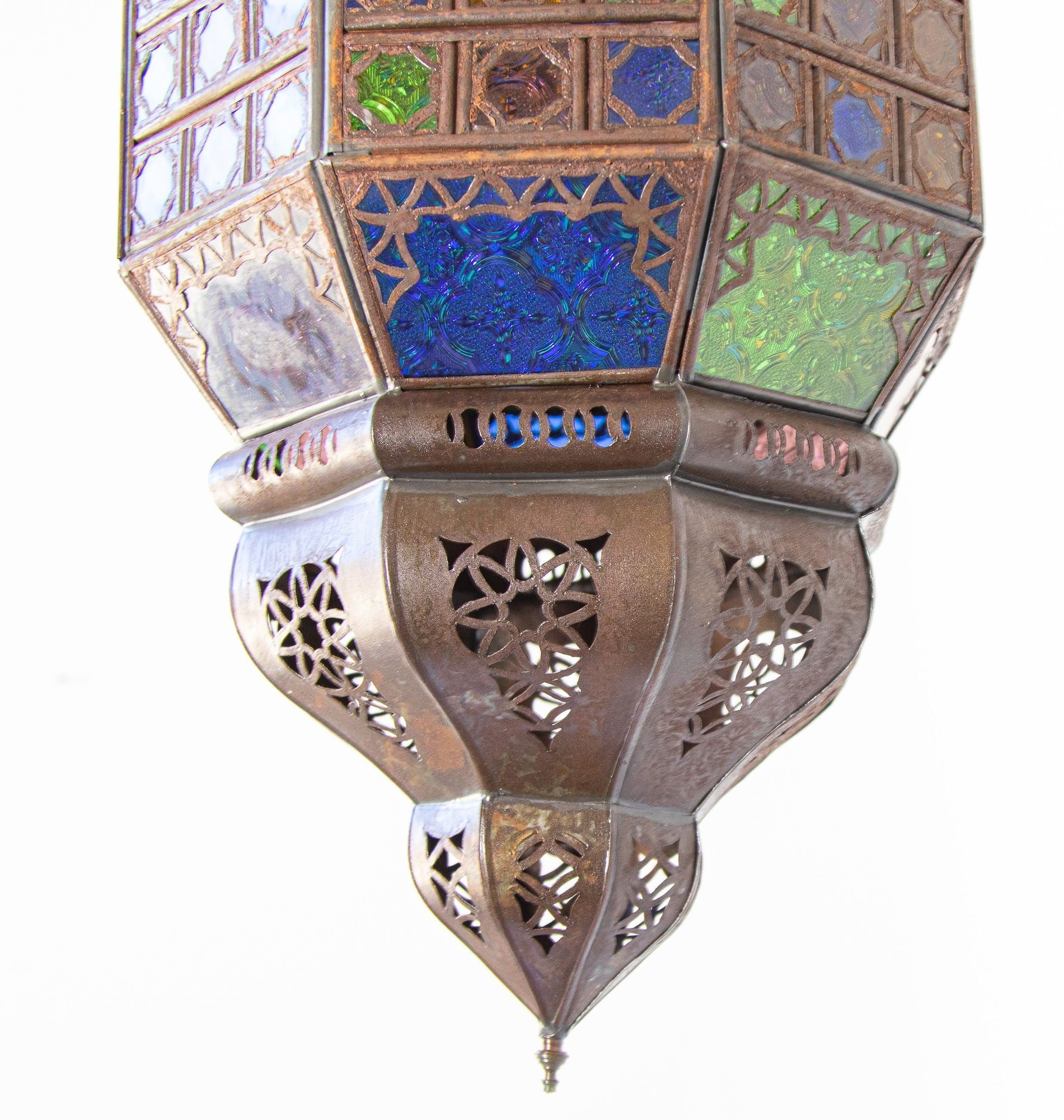 Moroccan Hanging Glass Lantern Moorish Metal Light Fixture with Stained Glass