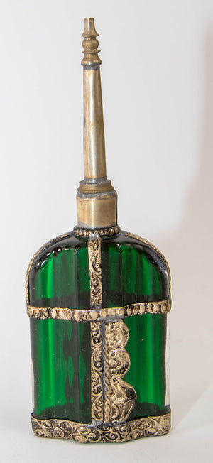 Moorish Emerald Green Glass Perfume Bottle Sprinkler with Embossed Metal Overlay