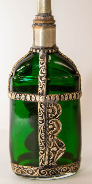 Moorish Green Glass Perfume Bottle Sprinkler with Embossed Metal Overlay