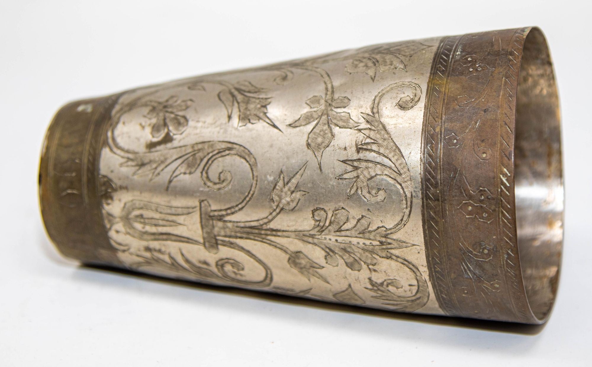 Antique Engraved Metal Silvered Beaker or Vase from India 1940s