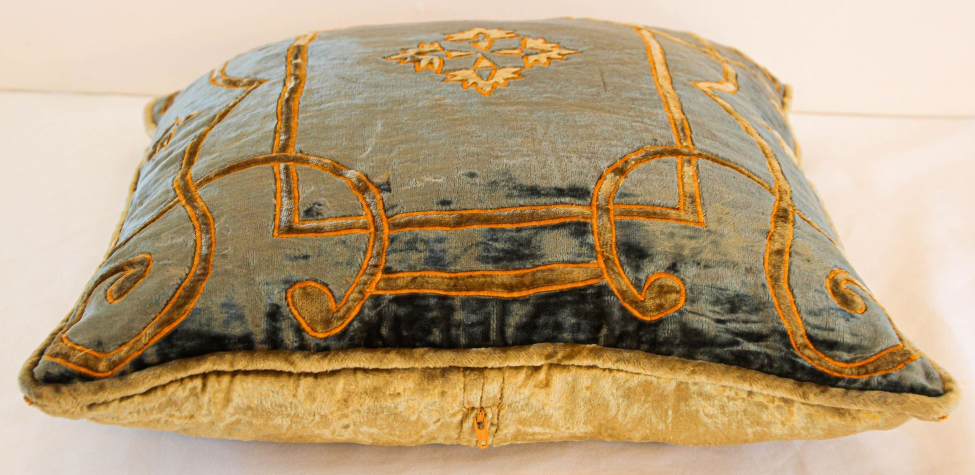 Baroque Venetian Style, Blue and Gold Velvet Pillow, Elaborate Applique Work