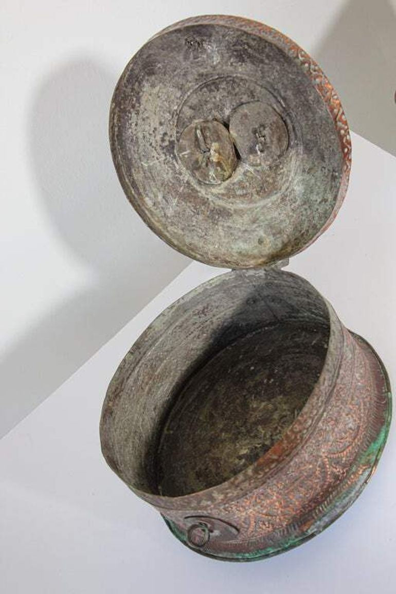 Antique South Asian Mughal Round Tinned Copper Box with Lid India 19th Century