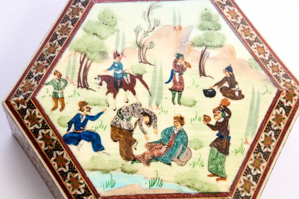 Khatam Persian Micro Mosaic Marquetry Inlaid Jewelry Trinket Box 1950's