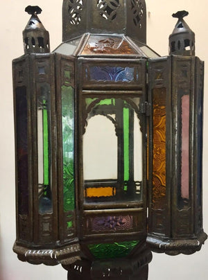 Moroccan Handcrafted Moorish Pendant Lantern with Multi-Color Glass