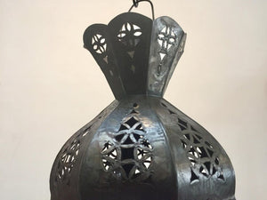 Handcrafted Moroccan Metal and Blue Glass Lantern, Octagonal Shape