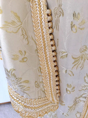 Vintage Moroccan Kaftan White and Gold Metallic Floral Brocade Caftan 1970's
