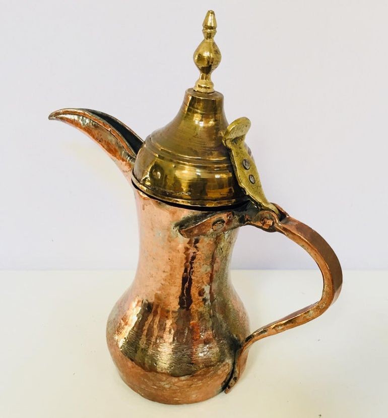 Antique Dallah Coffee Pot, Hand-Hammered Copper & Brass, Oman, 1890