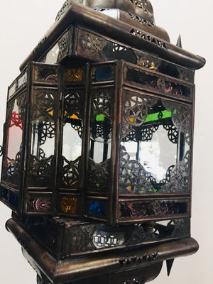 Moroccan Hall Lantern Light Fixture with Multi-Color Glass Moorish Style