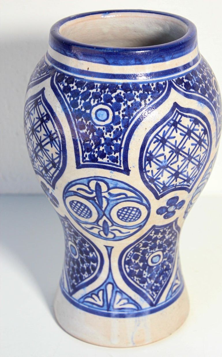 Moroccan Ceramic Blue and White Moorish Jar from Fez 1950s