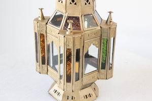 Moroccan Candle Lantern in Moorish Gilt Metal and Glass