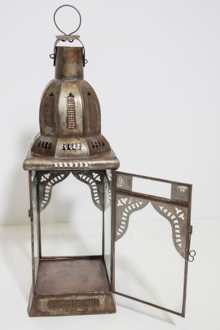 Moroccan Metal Candle Lantern in Moorish Square Metal and Clear Glass