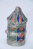 Antique Kabyle Berber Silver & Enamel Kohl Jewelry Box, Algeria, circa 1920s