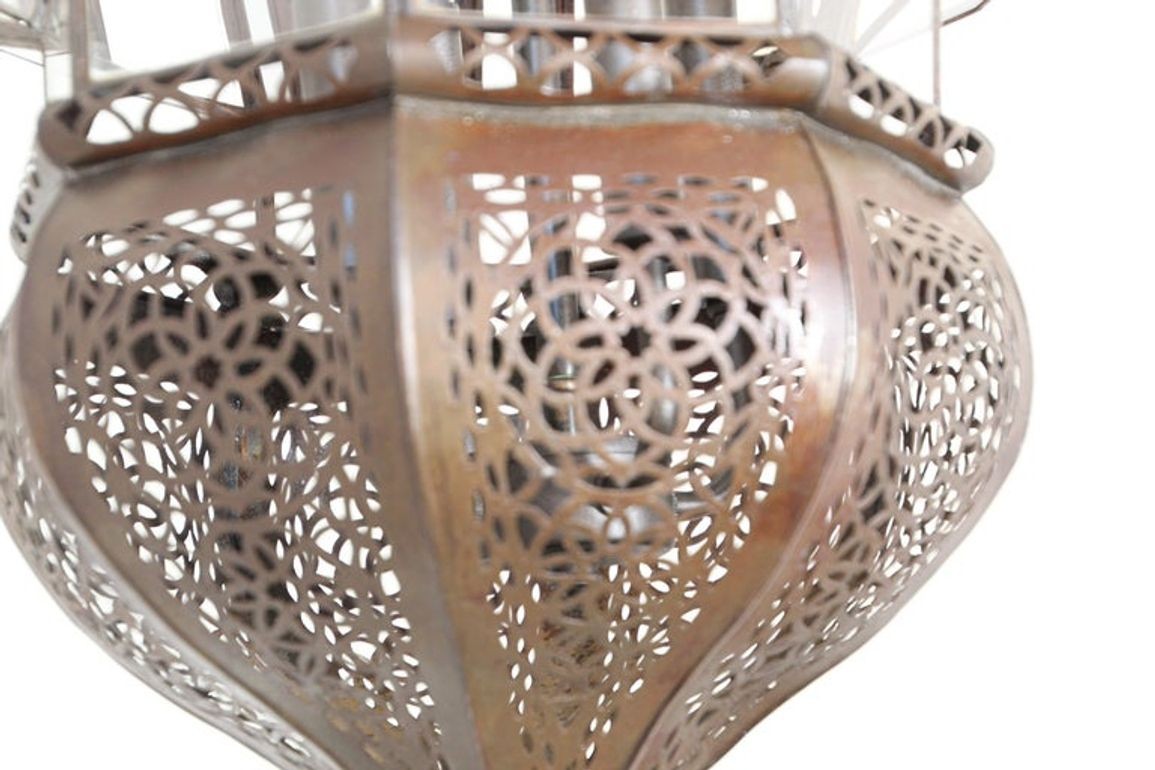 Vintage Moroccan Moorish Clear Glass Pierced Metal Lantern Chandelier, 1980s