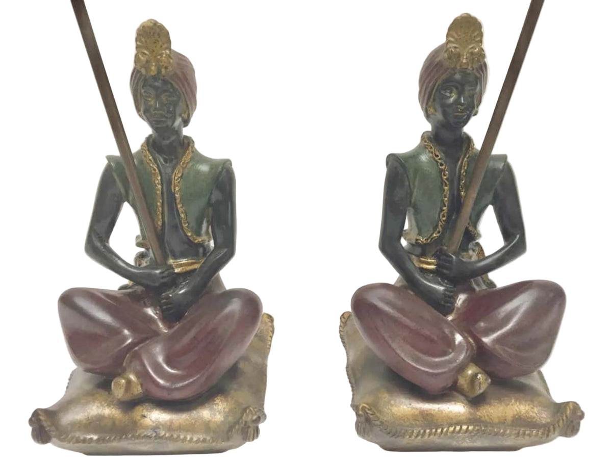 Pair of Vintage Orientalist Polychrome Figural Table Lamps with Gilt Accents