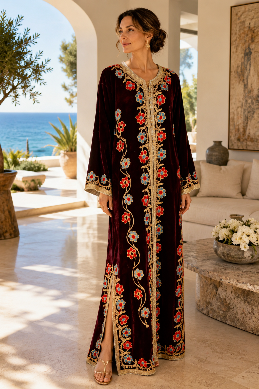 A woman stands on a sunlit outdoor patio wearing a long burgundy velvet caftan with ornate multicolor floral embroidery and gold trim. 