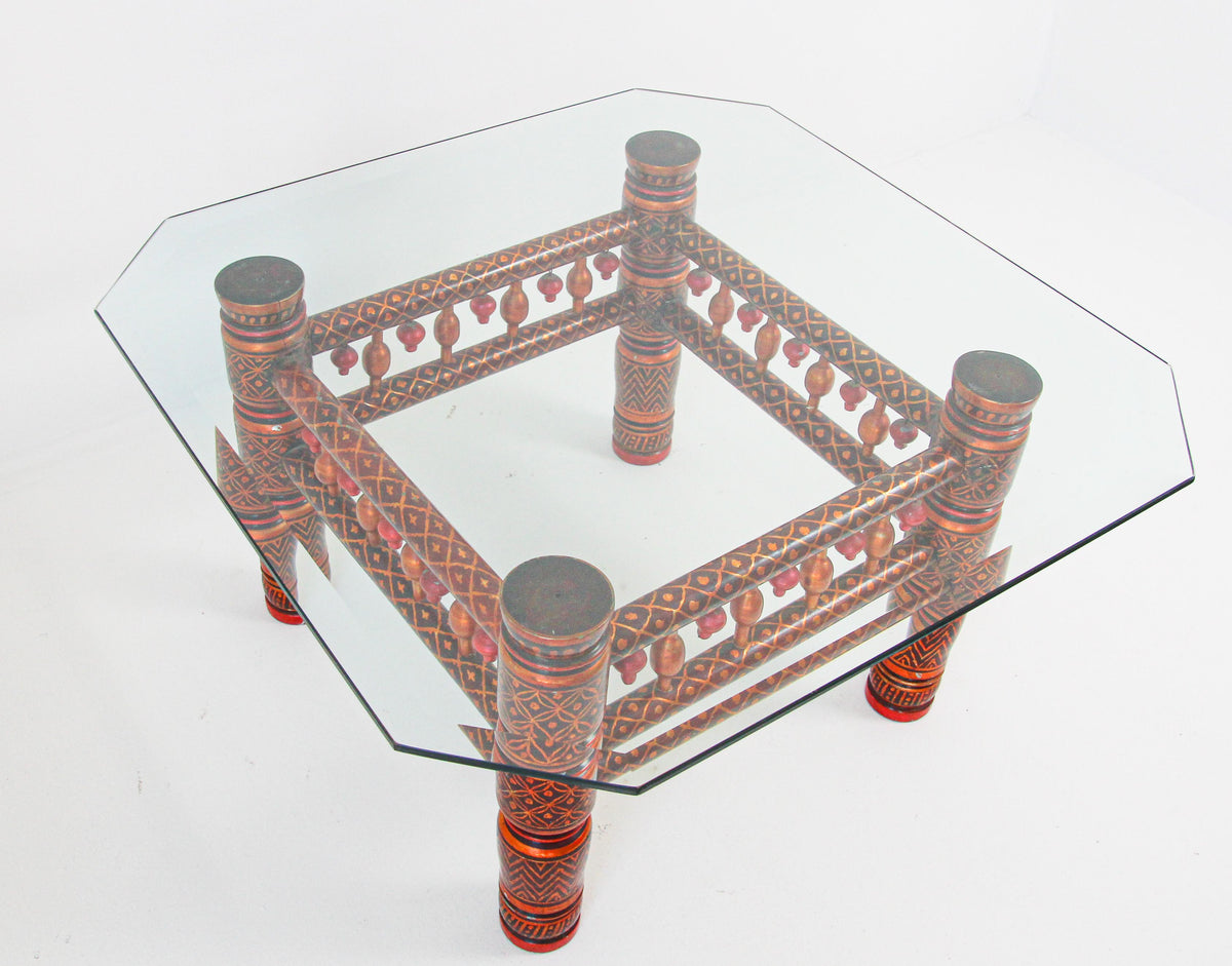 Rajasthani Hand-Painted Coffee Table, Glass Top, Vintage India, 1950 — India