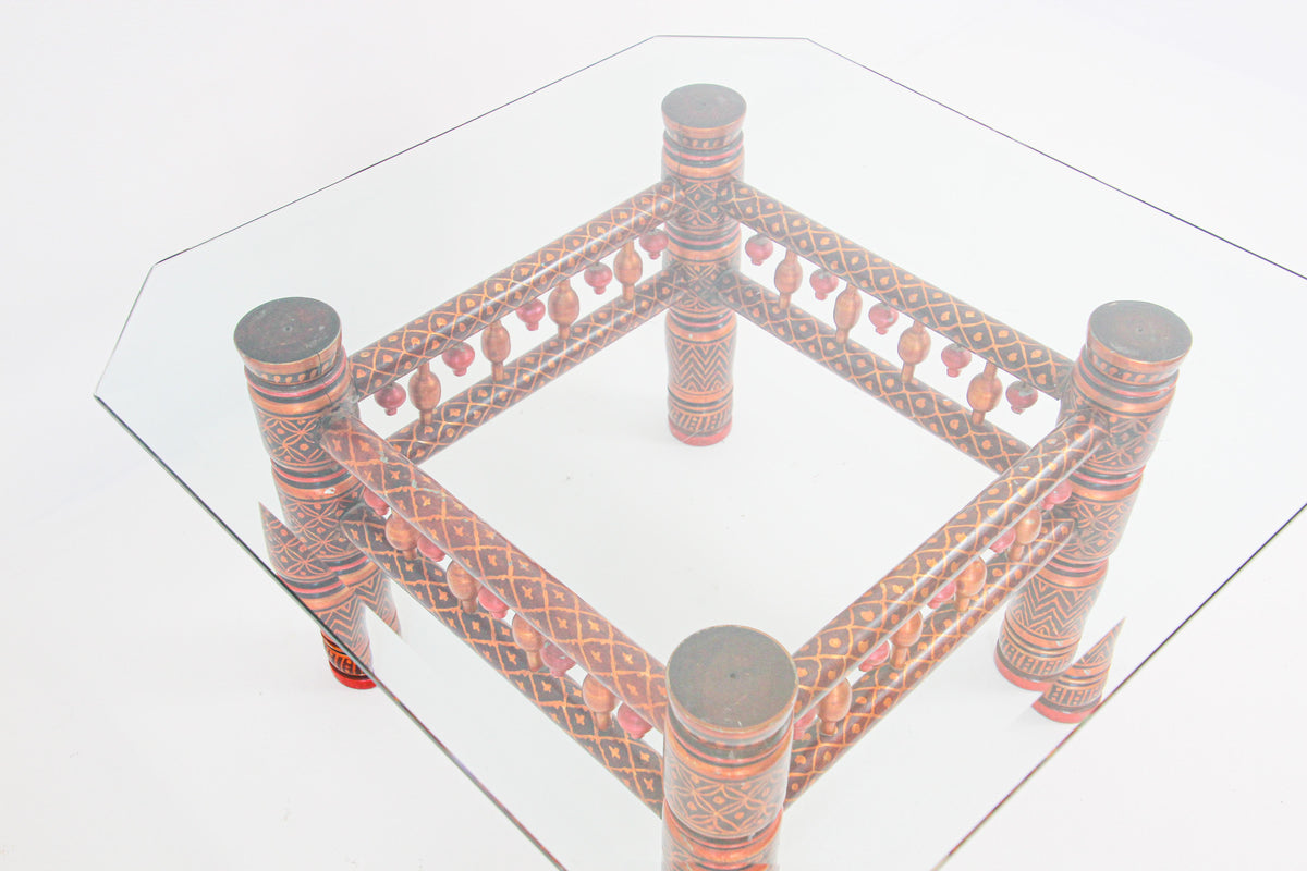 Rajasthani Hand-Painted Coffee Table, Glass Top, Vintage India, 1950 — India