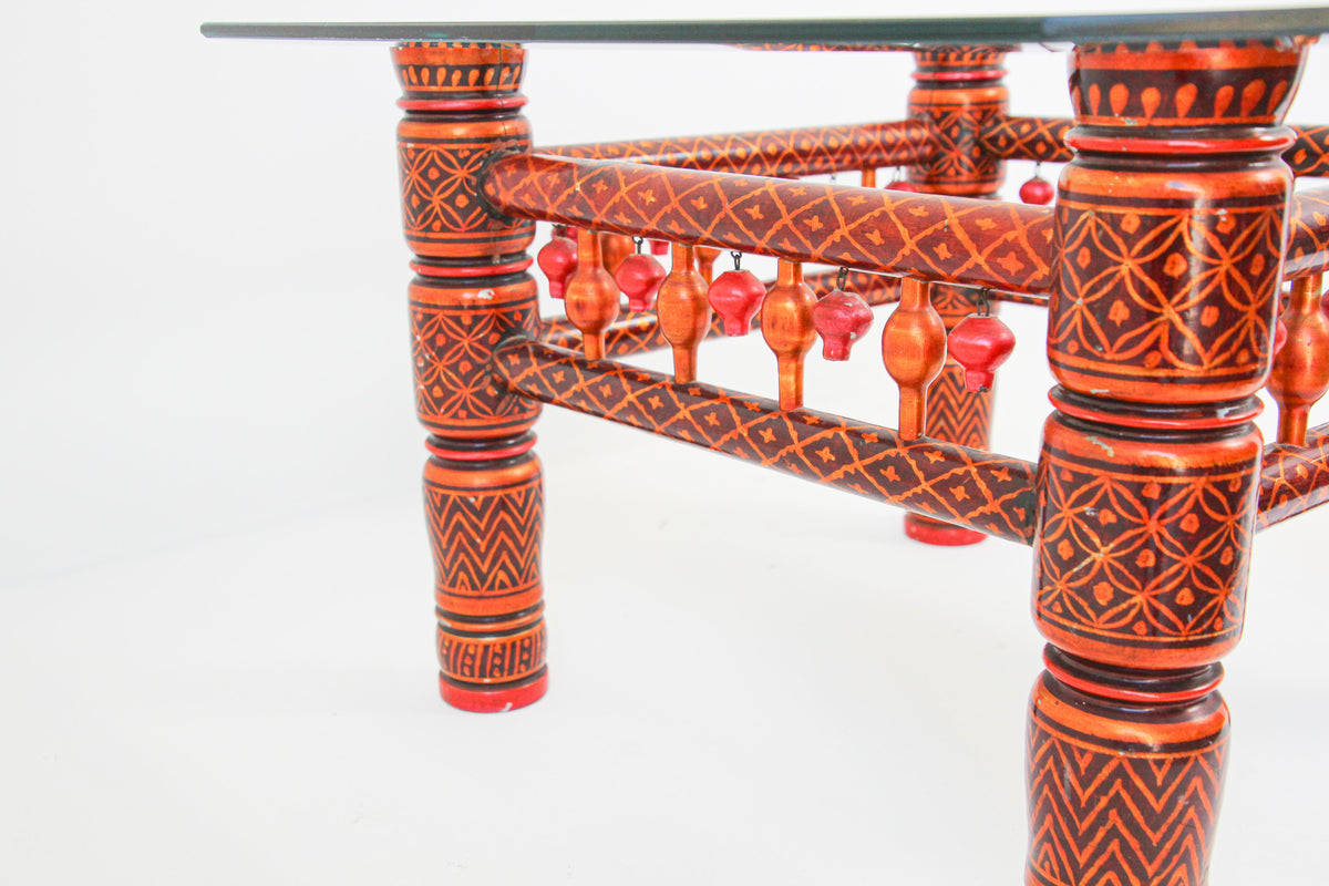Rajasthani Hand-Painted Coffee Table, Glass Top, Vintage India, 1950 — India