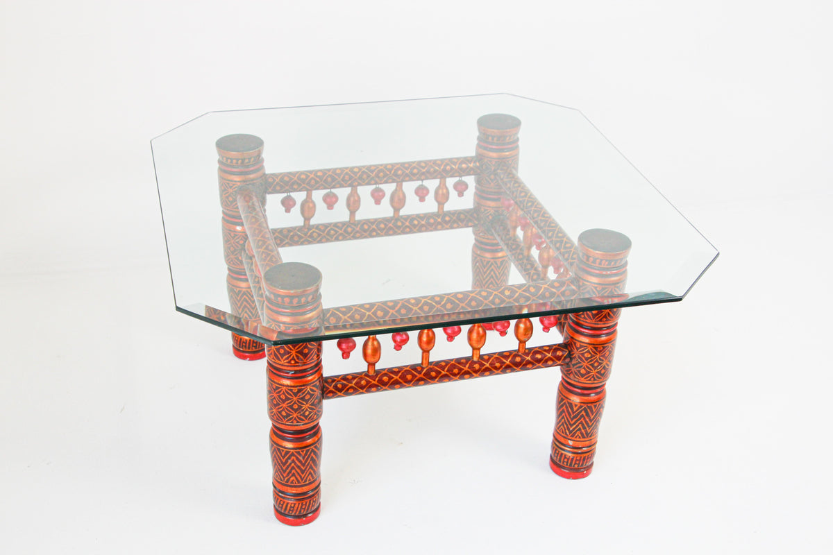 Rajasthani Hand-Painted Coffee Table, Glass Top, Vintage India, 1950 — India