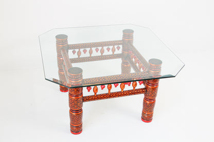 Rajasthani Hand-Painted Coffee Table, Glass Top, Vintage India, 1950 — India