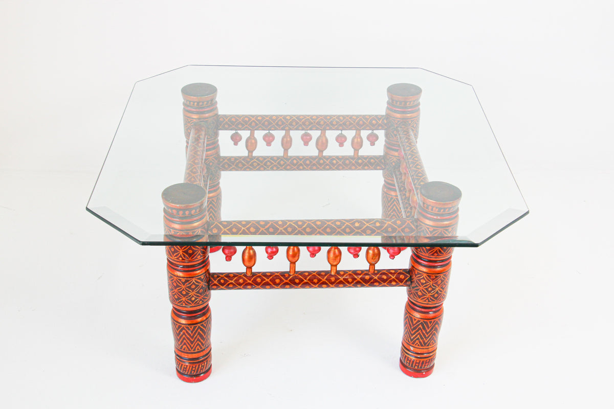 Rajasthani Hand-Painted Coffee Table, Glass Top, Vintage India, 1950 — India