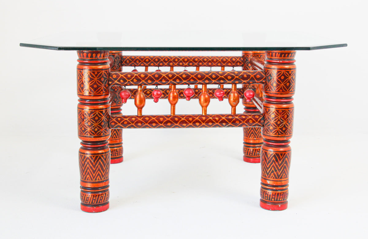Rajasthani Hand-Painted Coffee Table, Glass Top, Vintage India, 1950 — India