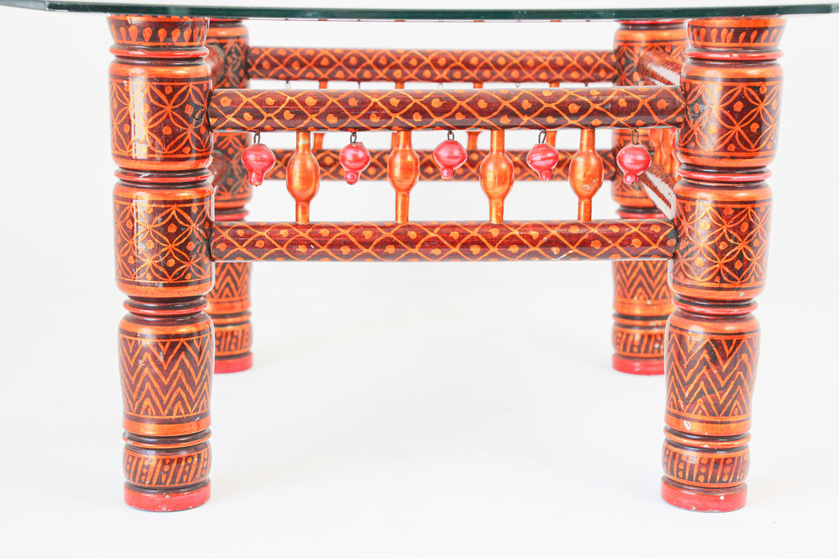 Rajasthani Hand-Painted Coffee Table, Glass Top, Vintage India, 1950 — India