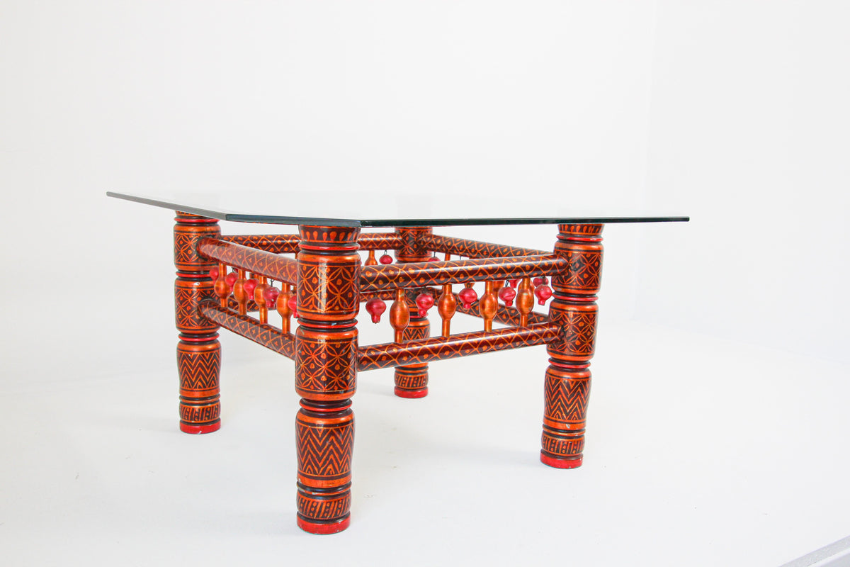 Rajasthani Hand-Painted Coffee Table, Glass Top, Vintage India, 1950 — India