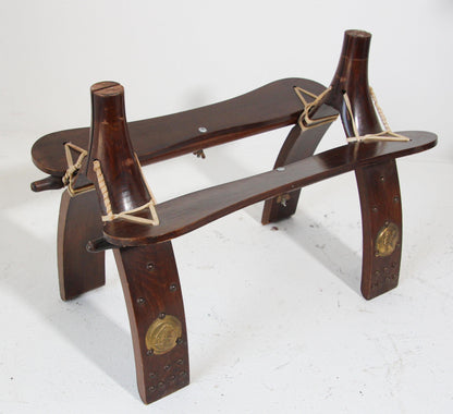 Vintage Egyptian Camel Saddle Stool, Hand-Crafted Wood & Brass, 1960s — Egypt