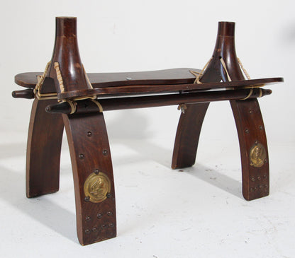 Vintage Egyptian Camel Saddle Stool, Hand-Crafted Wood & Brass, 1960s — Egypt