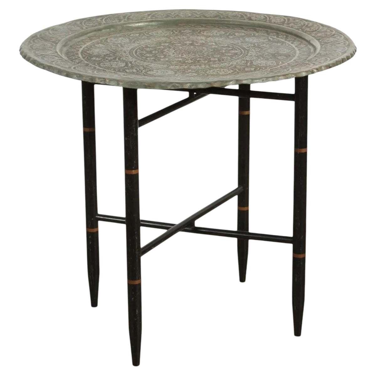 Antique Persian Qajar Tinned Copper Engraved Tray Table — Asia