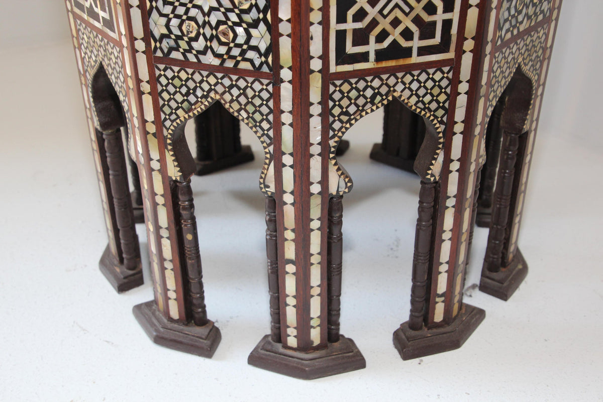 Pair of Antique Ottoman Moorish Abalone Mother-of-Pearl Inlaid Pedestal Tables – view 9