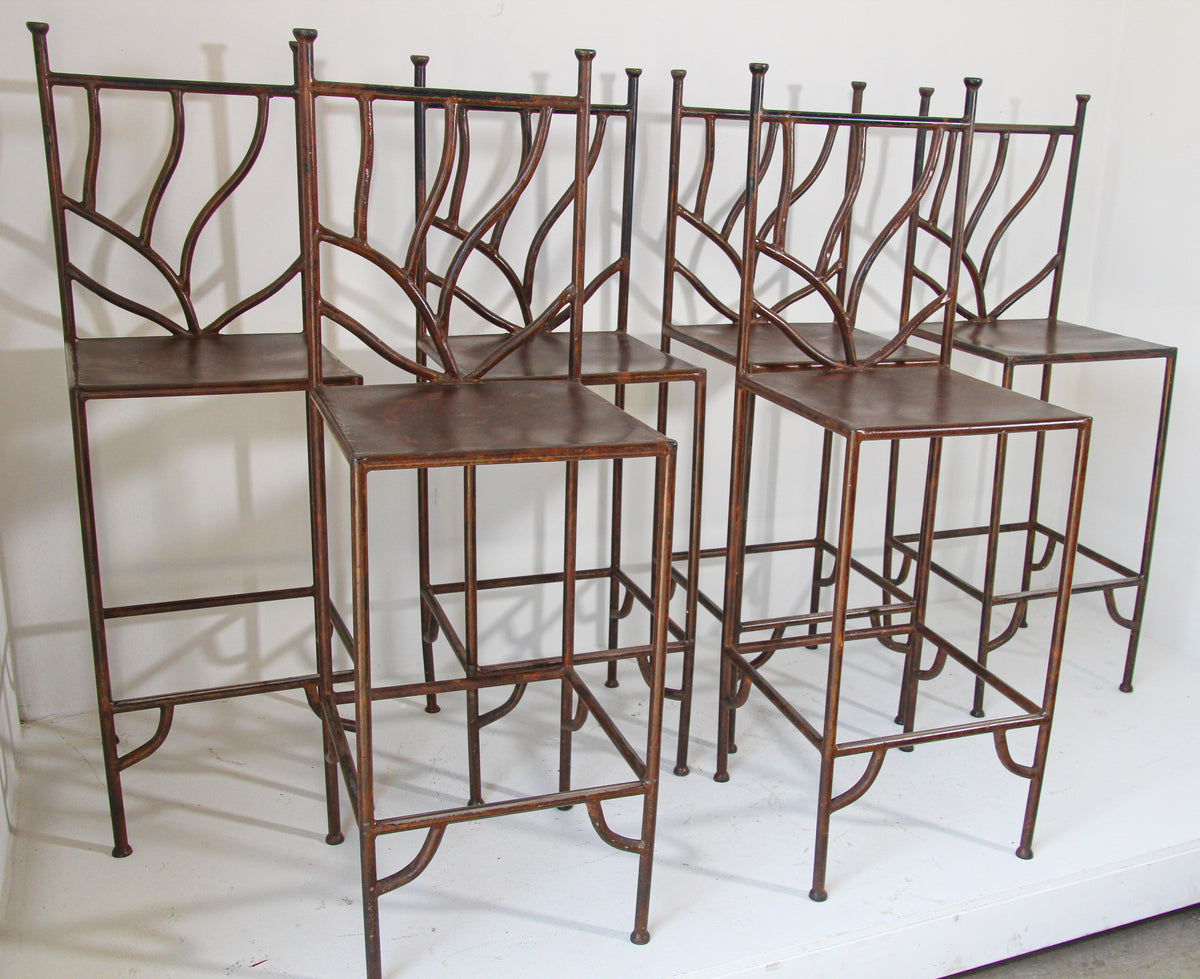 Spanish Wrought Iron Barstools with Back Set of Six — detail view 2