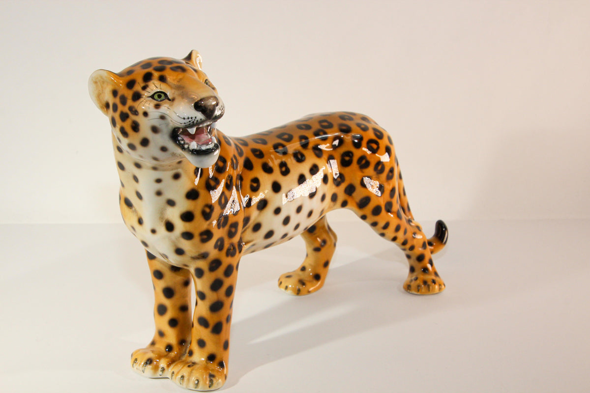 Vintage Italian Mid-Century Glazed Porcelain Leopard Sculpture — Italy