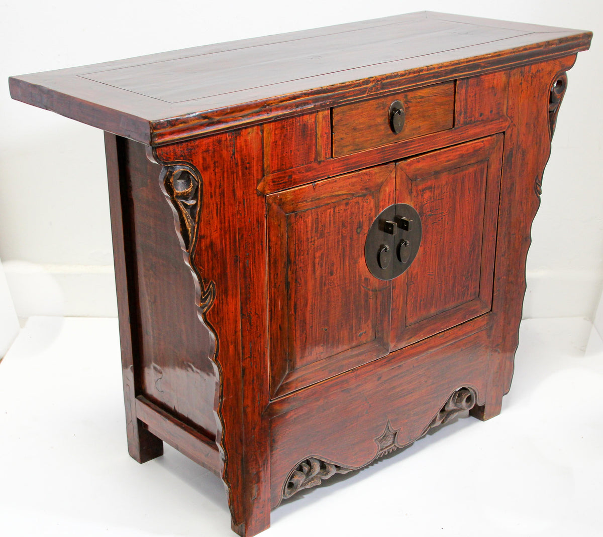 Chinese Ming Style Altar Cabinet, Red Lacquered Elmwood, 1950 — China
