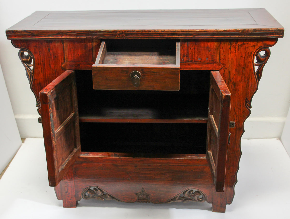 Chinese Ming Style Altar Cabinet, Red Lacquered Elmwood, 1950 — China